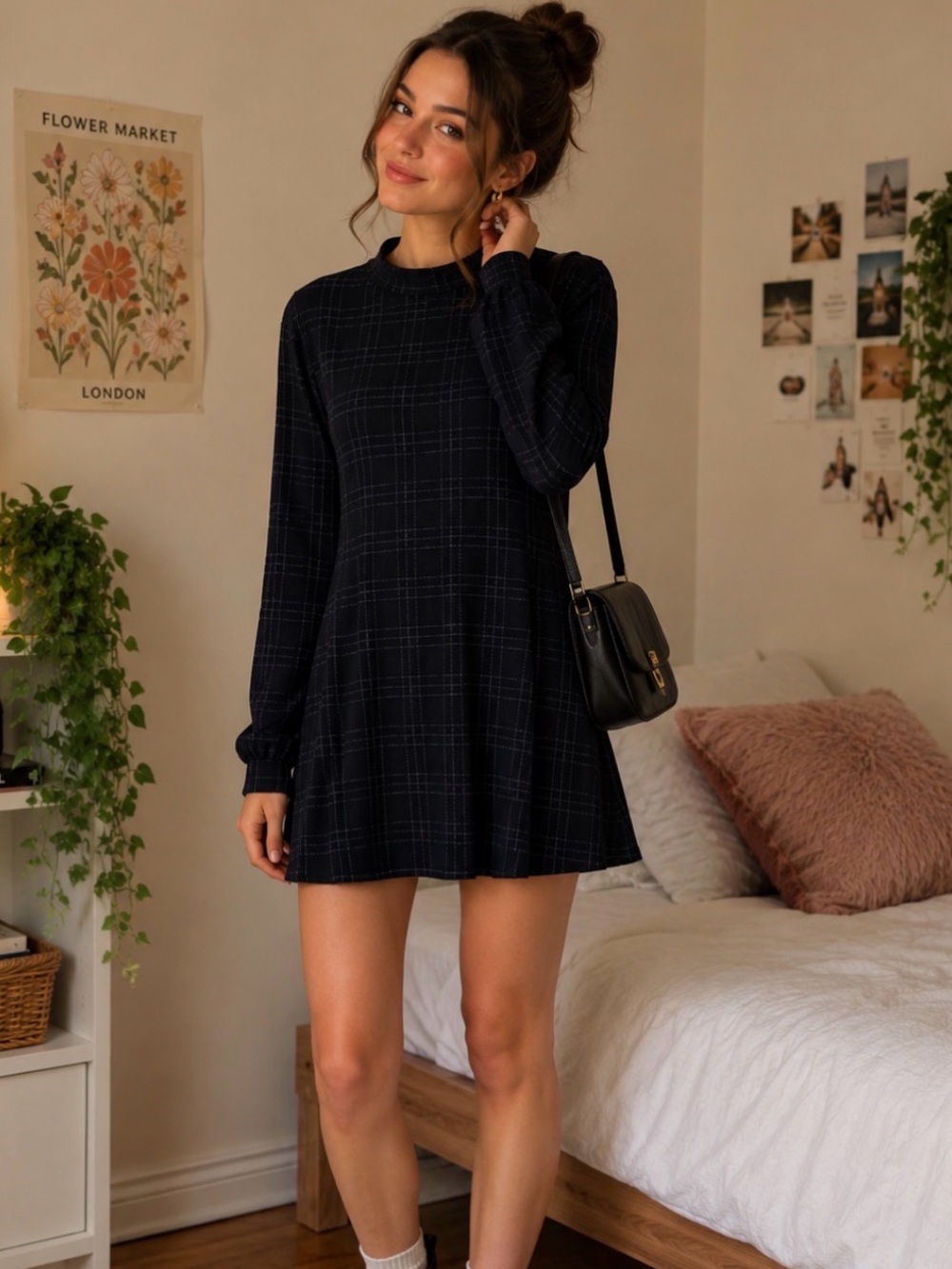 Black Plaid Long Sleeve Mock Neck Dress